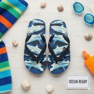 Boys Blue Shark Print Flip Flops Beach‎ Pool Sandals Water Shoes
